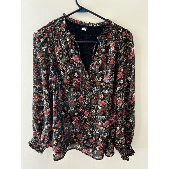 Old Navy Chiffon Shiny Peasant Top Blouse Size M Keyhole Smocked Long Sleeve - Picture 1 of 6